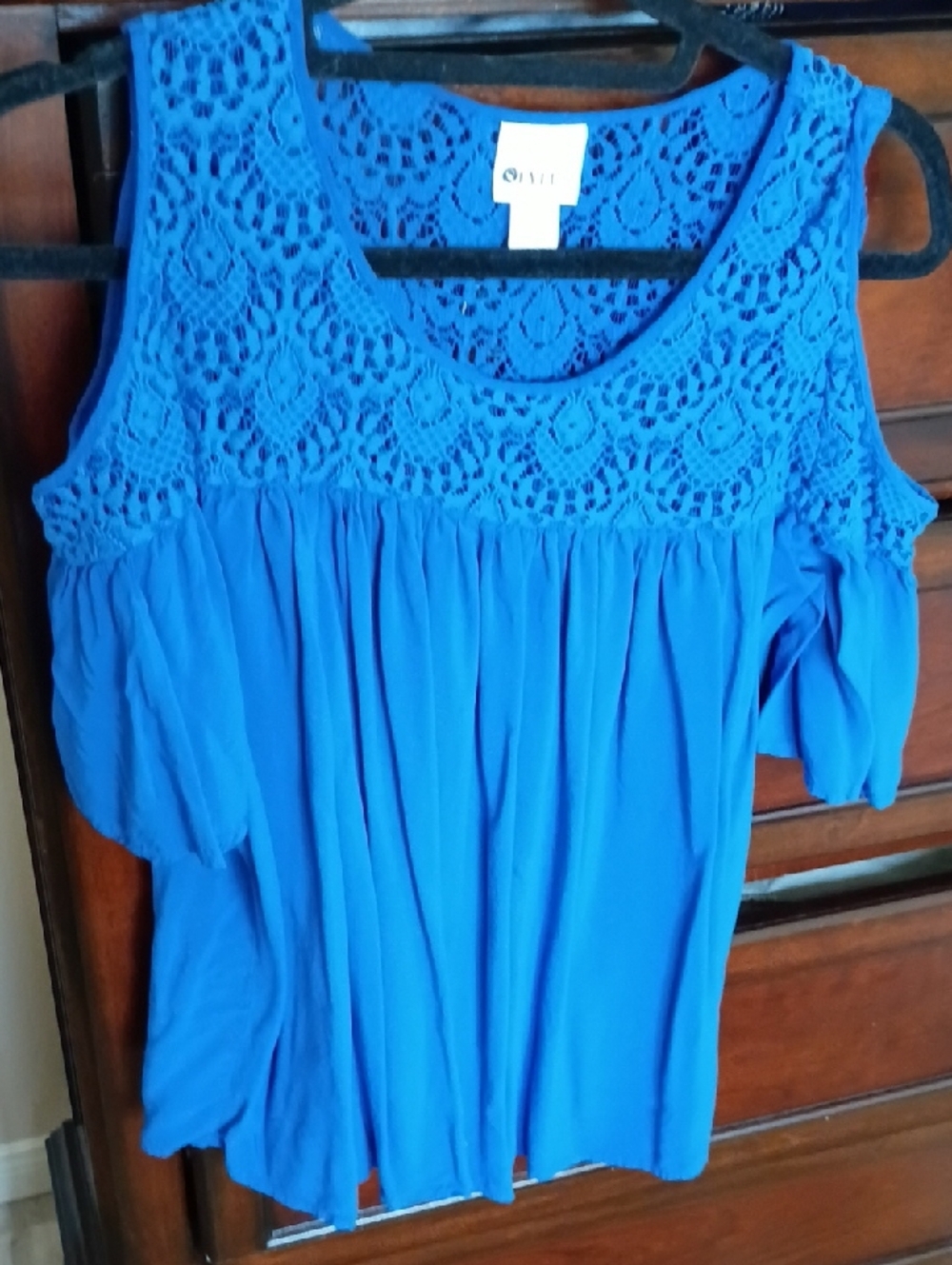 STYLUS Royal Blue Crochet Yoke Cold-Shoulder Top